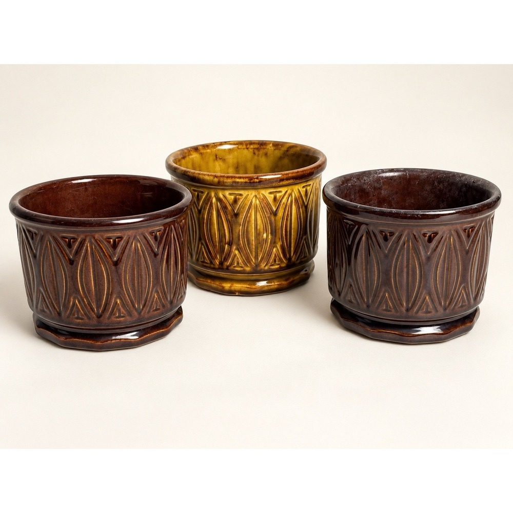 Vintage McCoy USA #394 Planter Set of 3 Brown Gold Mid-Century Pottery